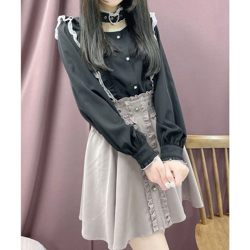 Japanese Mine Style Rojita Shirt Heart Buckle Ruffle Lace Patchwork Flare Sleeves Single-Breasted Sweet Lolita Blouse Tops Women