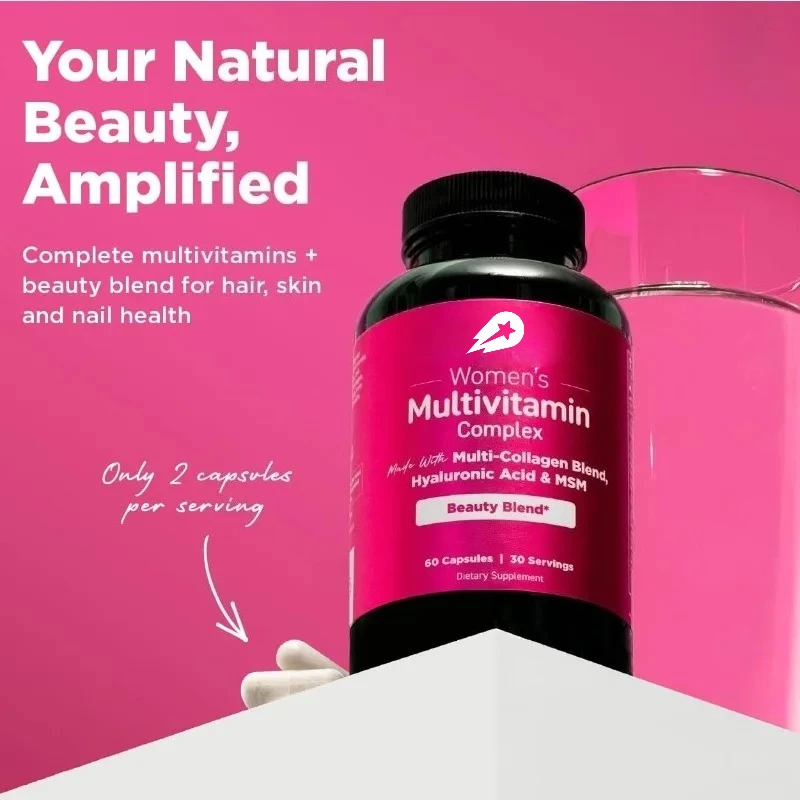 

Women's Multivitamin Complex with Collagen Proteins Hyaluronic Acid & MSM 60 Capsules Beauty Supplement for Skin Hair & Nails