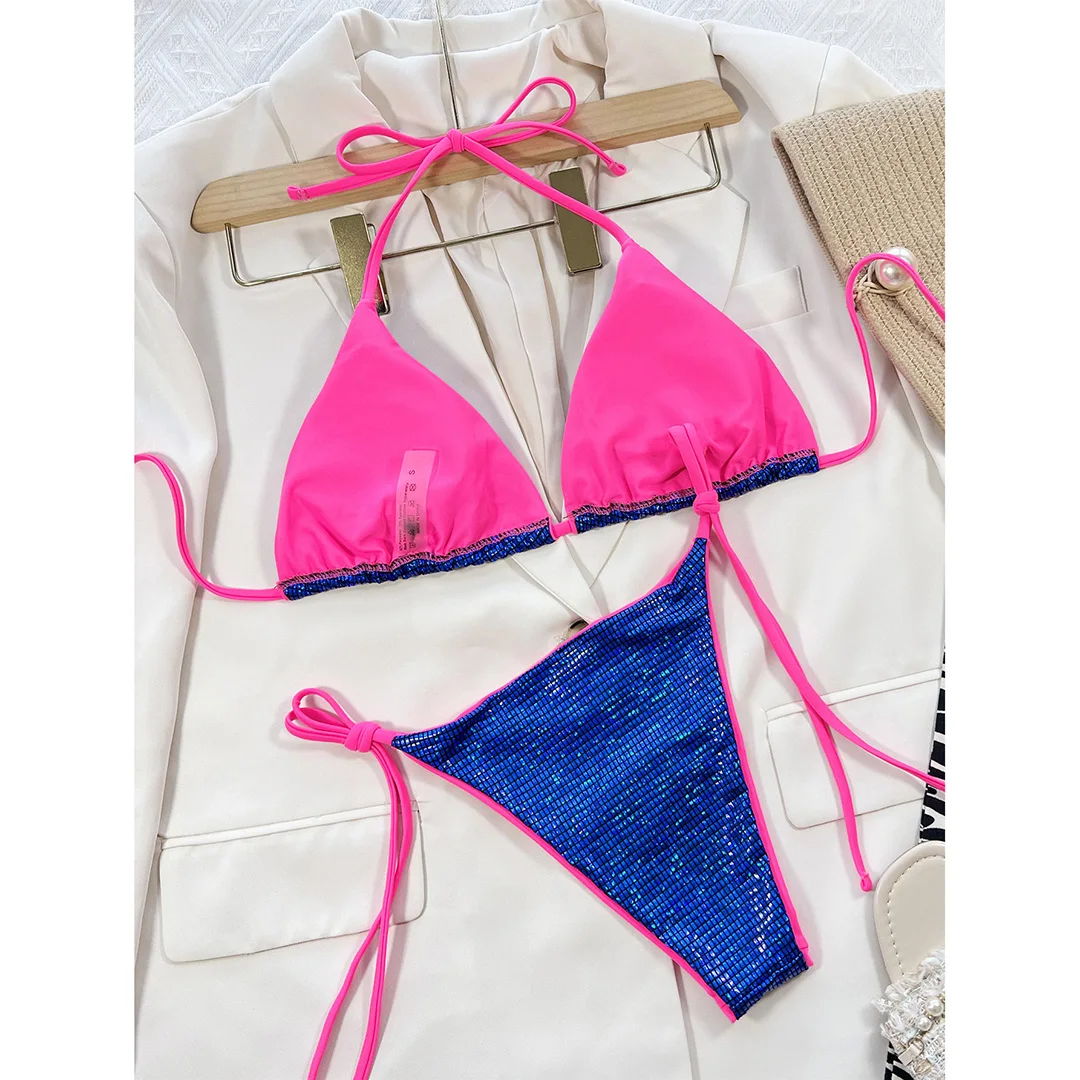 Frecher, glänzender, funkelnder Bikini mit Pailletten, Damen-Badeanzug, zweiteiliges Bikini-Set, Badebekleidung, Badeanzug für Damen, V3861B – Detail 16