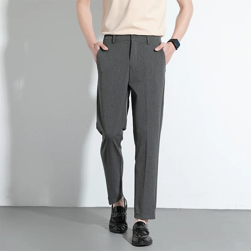 

Spring Summer Suit Pants Men Business Smooth Slim Smooth Fabric Office Social Loose Straight Pants Elastic Waist Korean Trousers