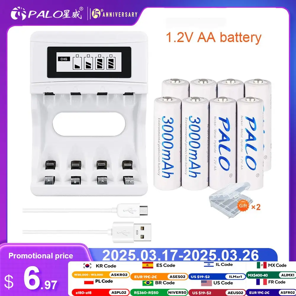 Palo 4-16pcs AA Rechargeable Battery 1.2V 3000mAh NI-MH Nimh Ni Mh High Capacity Rechargeable AA Batteries for Camera Toy Car