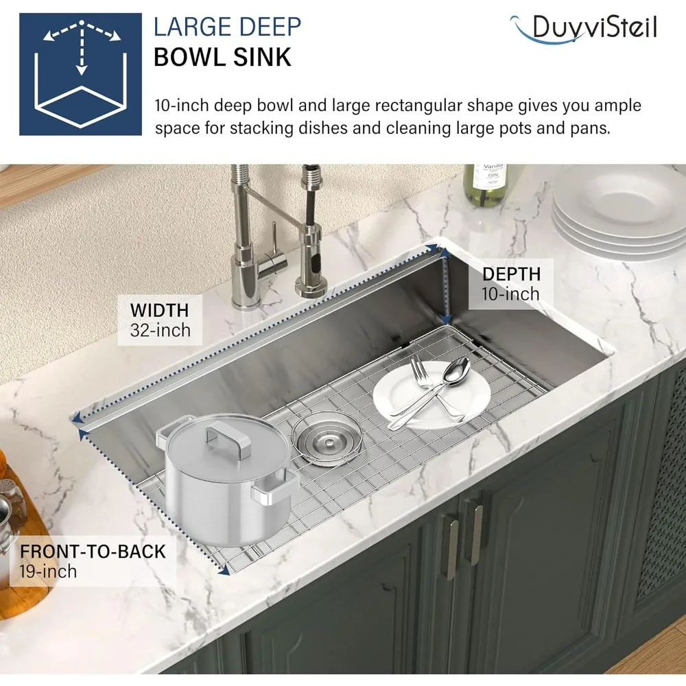 Stainless Steel 32-inch Deep Single Bowl Undermount Kitchen Sink, Handcrafted 16 Gauge Workstation Sink for Counter