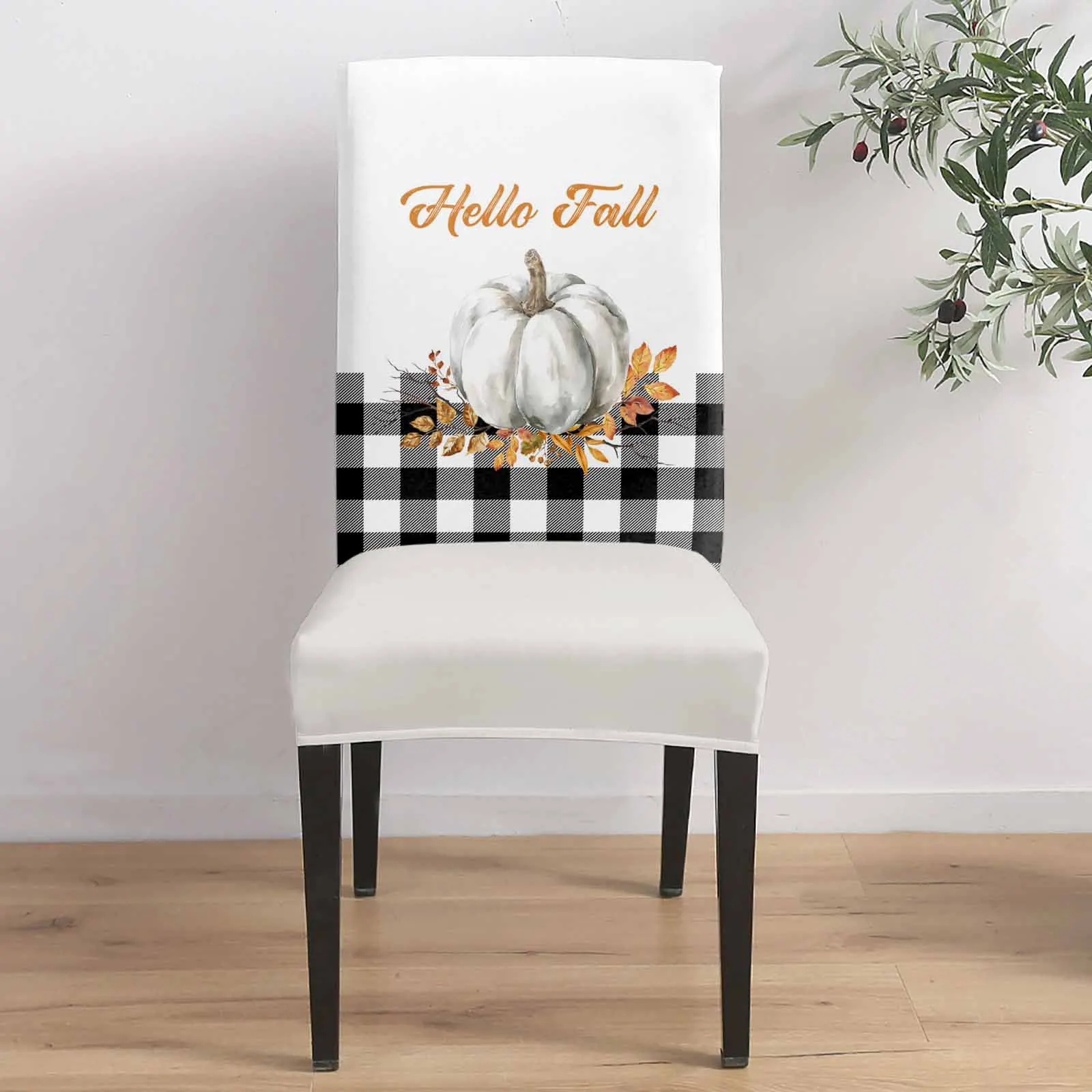 

Black And White Plaid Hello Pumpkin 4/6/8PCS Spandex Elastic Chair Case For Wedding Hotel Banquet Dining Room