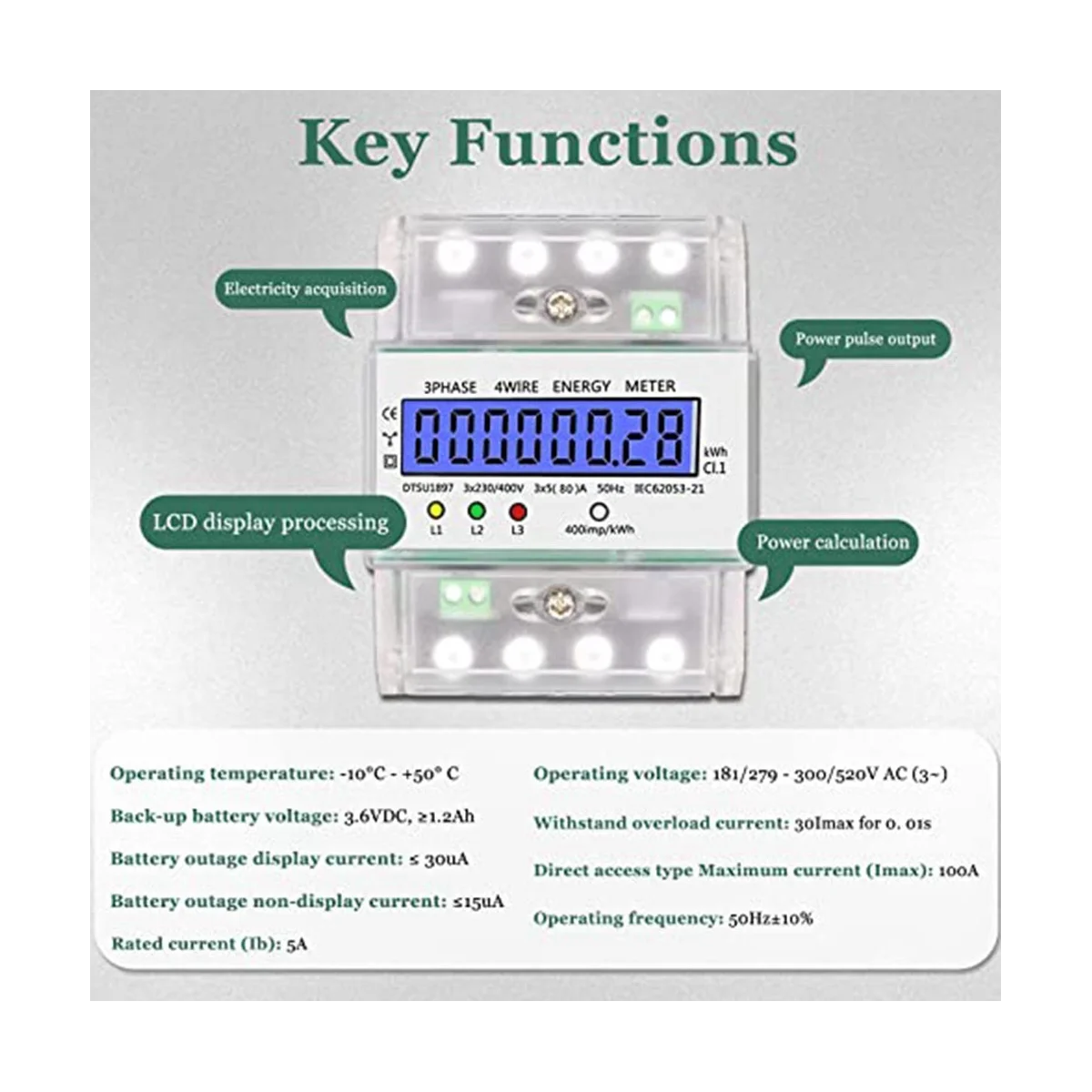 Electricity Meter 3 Phasig 4 Ladder, Power Meter Hutschiene with LCD Display, Digital Electricity Meter 230V 400V 5-100A