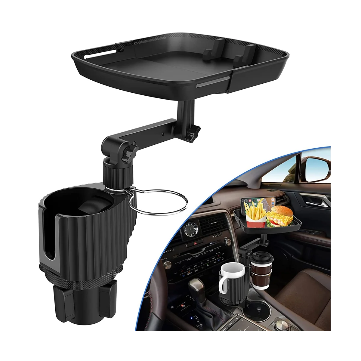 Car Cup Holder Expander with Detachable Tray, Multifunctional Car Food Tray Table for Eating with Dual Cup