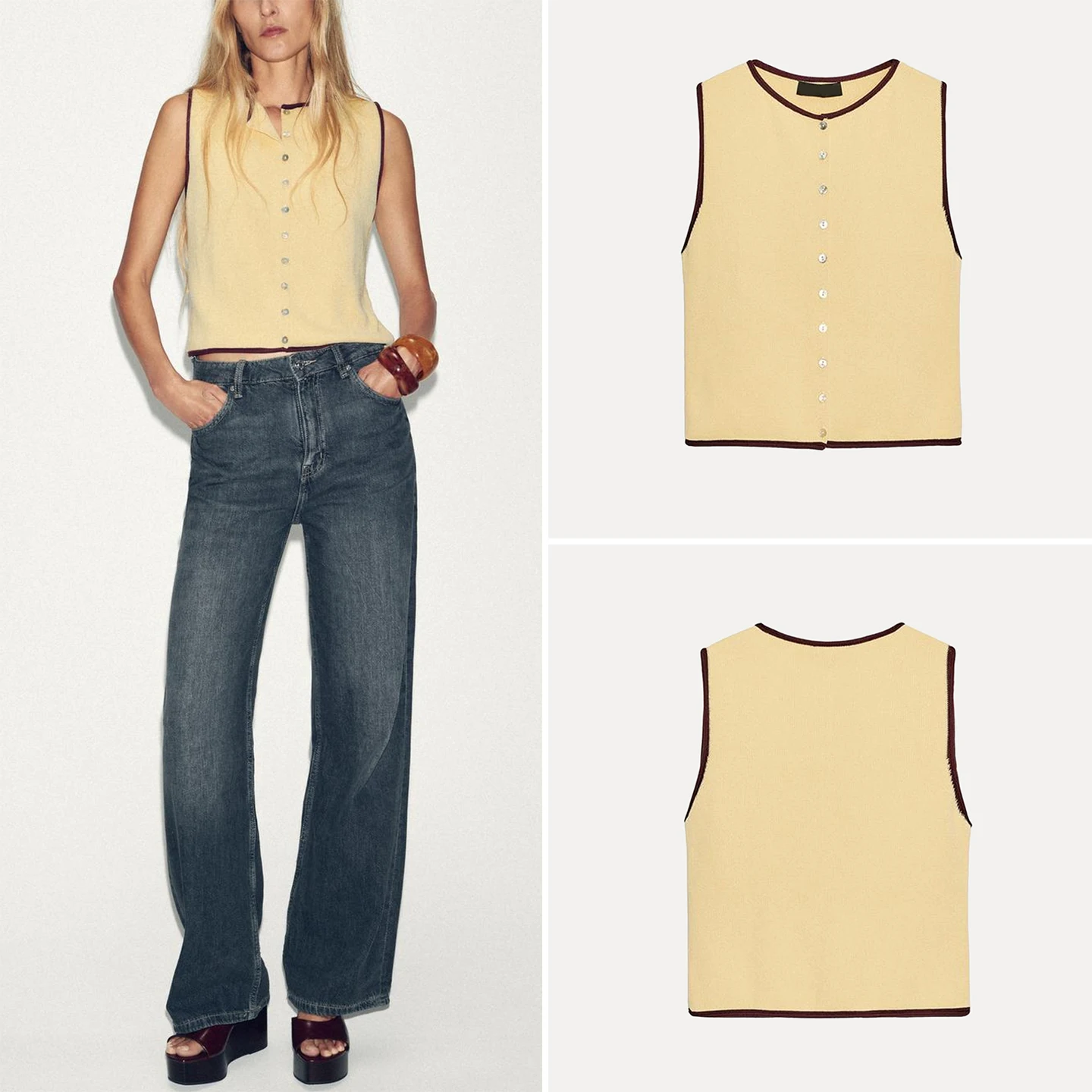 Feminino de malha casual svel redondo ne retalhos topo doce sle 2025 outono nova chegada z senhoras colete blusa