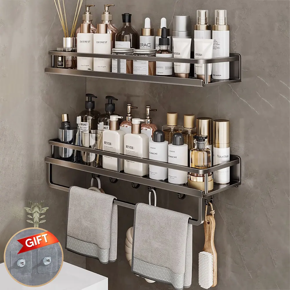 드릴링 벽 없는 욕실 정리함 알루미늄 샤워 선반, 샴푸 거치대 회색 변기 보관 랙, 욕실 액세서리 