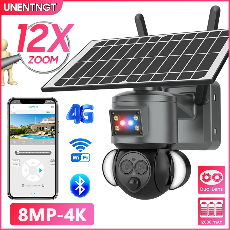 UNENTNGT 4K 12X ZOOM PIR Detection alarm Solar Camera 8MP PTZ Outdoor Two Way Audio 4G SIM/WiFi Security Home IP Camera for Farm