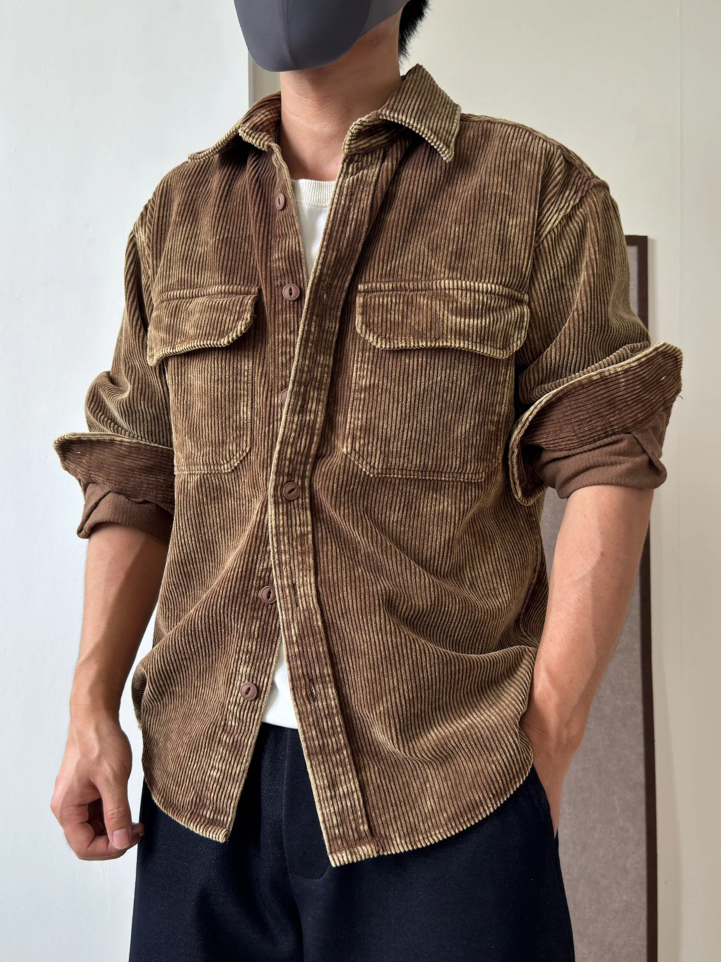 

High Quali Thi Corduroy Workwear irt Jaet Men's Coffee Color Pure Cotton irt Casual Comfortable Long Sve Coat