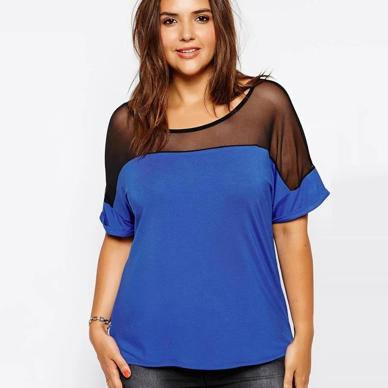 Plus Size Summer Casual T-shirt Women Mesh Patchwork Short Sleeve Loose Blue And Black Top Tee Plus Size Women Clothing 7XL 8XL