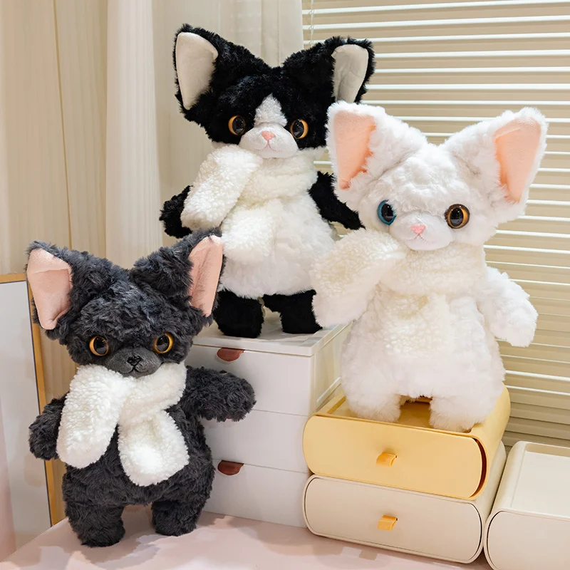 Peluches Devon Rex de dibujos animados de 35cm, bufanda, juguete suave, Animal relleno, gato negro, perro Kawaii, almohada de felpa para dormir, regalo para niña