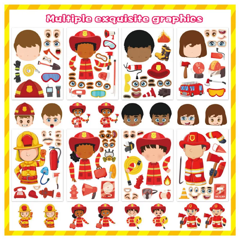 Kinder DIY Feuerwehrmann Aufkleber Kreative Make A Face Aufkleber Feuerwehrmann Geburtstag Party Supplies Schule Feuer Bildung Belohnung Geschenk – Detail 3