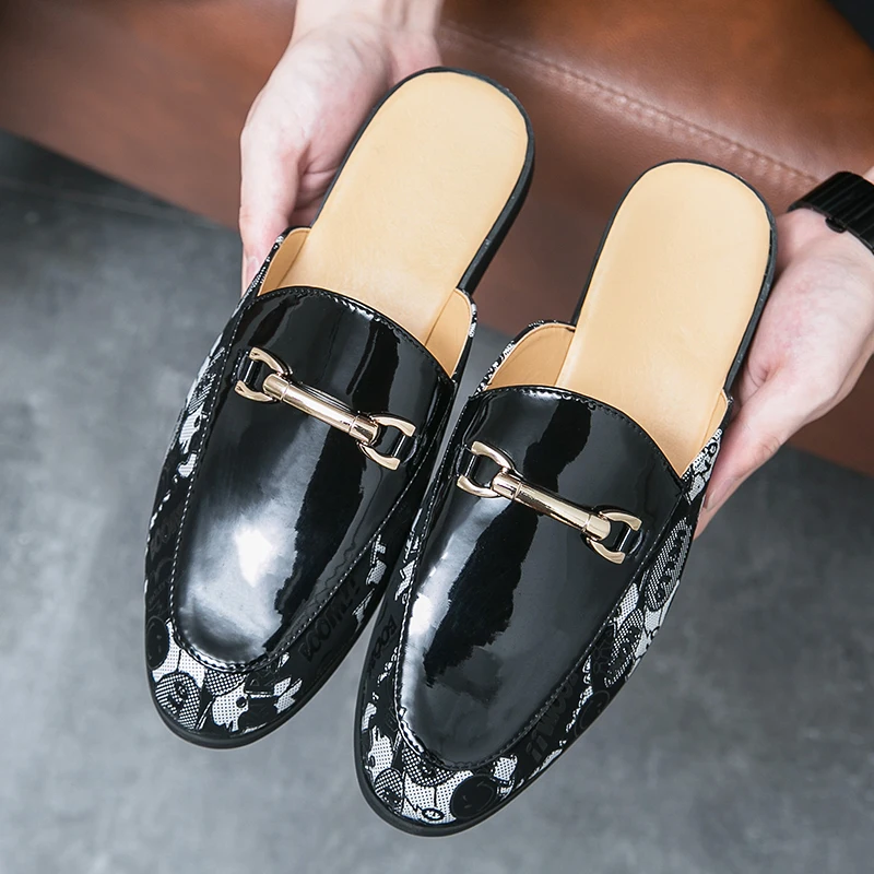 Plus Size 45 46 Summer Half Shoes Mens Mules Backless Loafers Slippers Leather Semi-Drag Casual Shoes Male Slides Flat Sandals