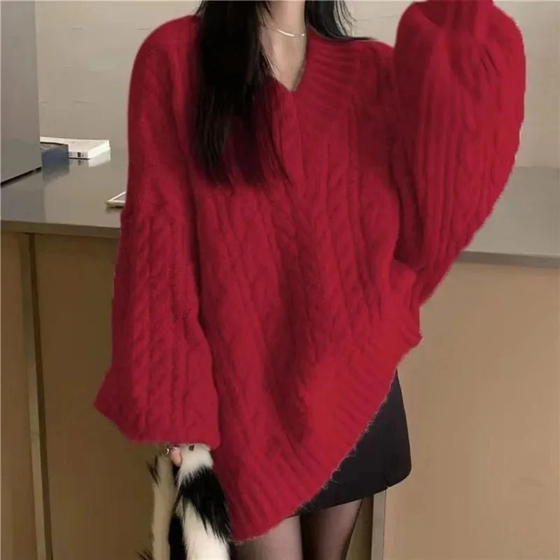 MEXZT Oversized Sweater Women Streetwear V Neck Knitted Pullovers Winter Harajuku Korean Loose Knitwear Preppy Casual Jumpers