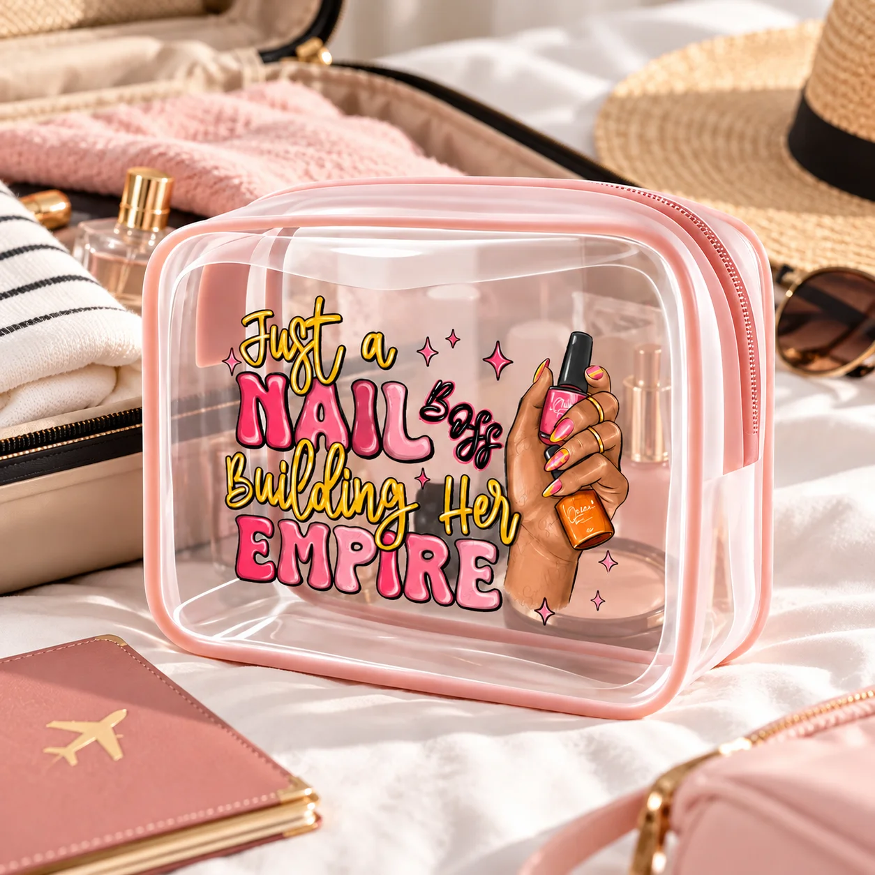 Transparent PVC Nail Bag Pink Cosmetic Organizer Travel Manicure Storage Pouch Nail Polish Beauty Tool Zipper Makeup Case