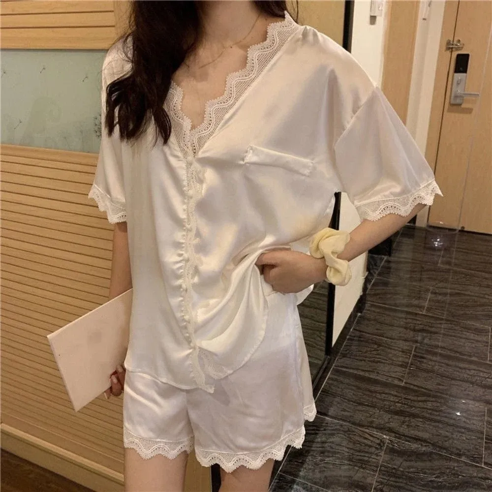 

Sweet Ice Silk Lace Pajama Suit Short-sleeve V Neck Sweet Short Pajamas Loose Women Sleepwear Two Pieces Sleepwear Sets Home