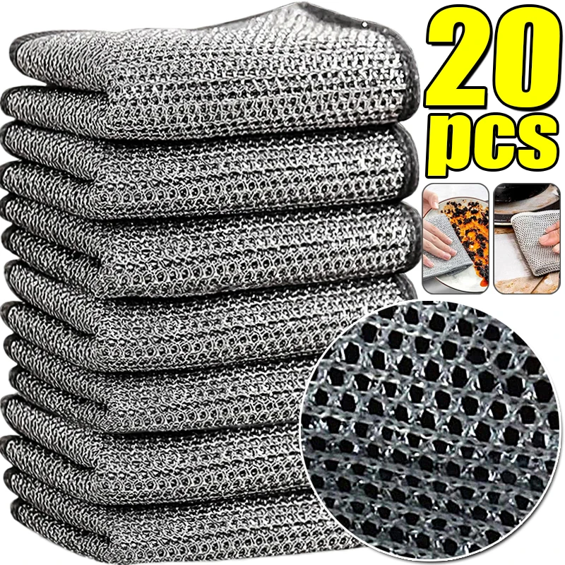 Metal Steel Wire Cleaning Rags Home Kitchen Pot Dish Pan Magic Dishcloth Towels Double Layer Non Stick Oil Steel Wire Rag Cloths