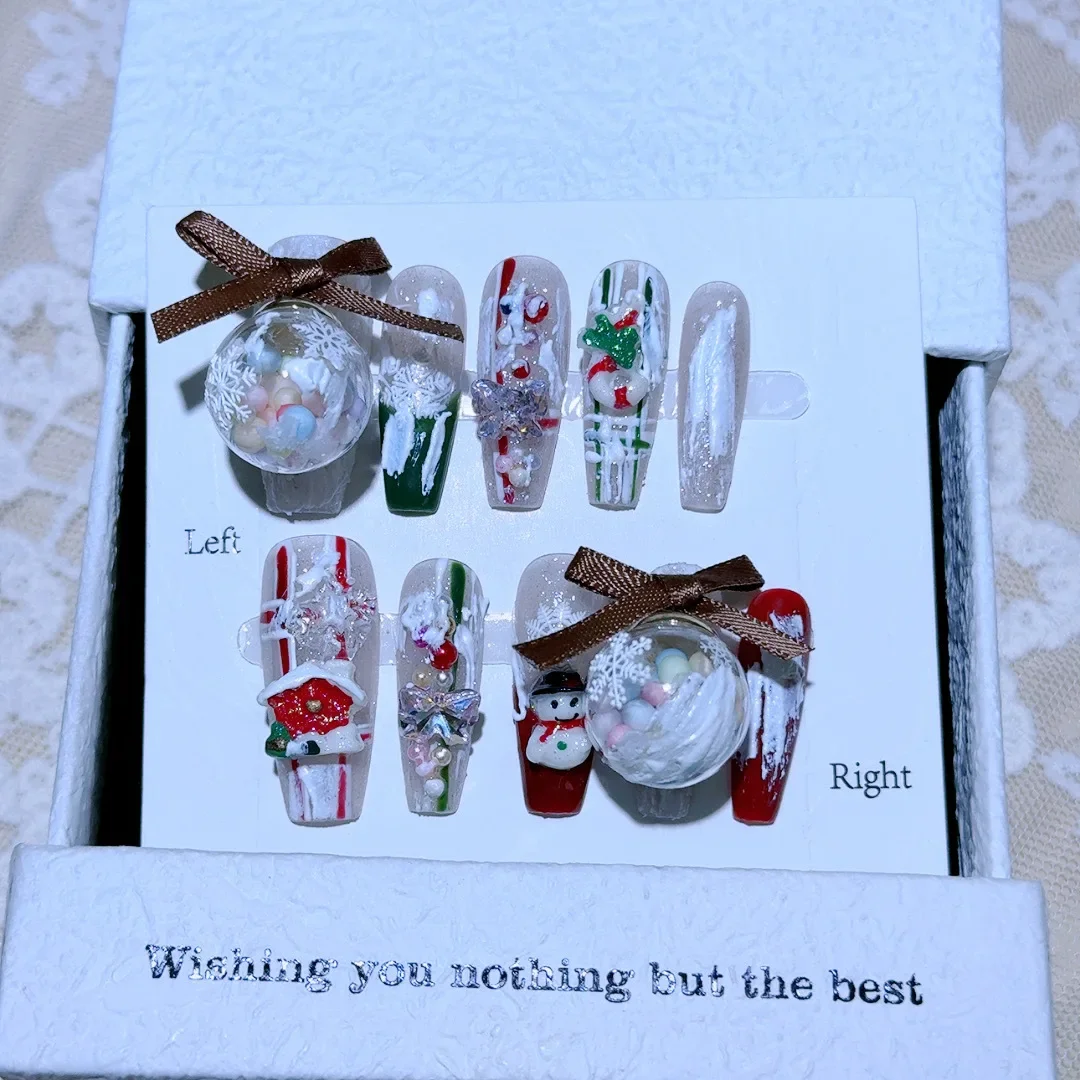 10 Pieces Christmas Atmosphere Press On Nails Handmade Wishing Ball Snowman Snowflake Fake Nail Patches Removable