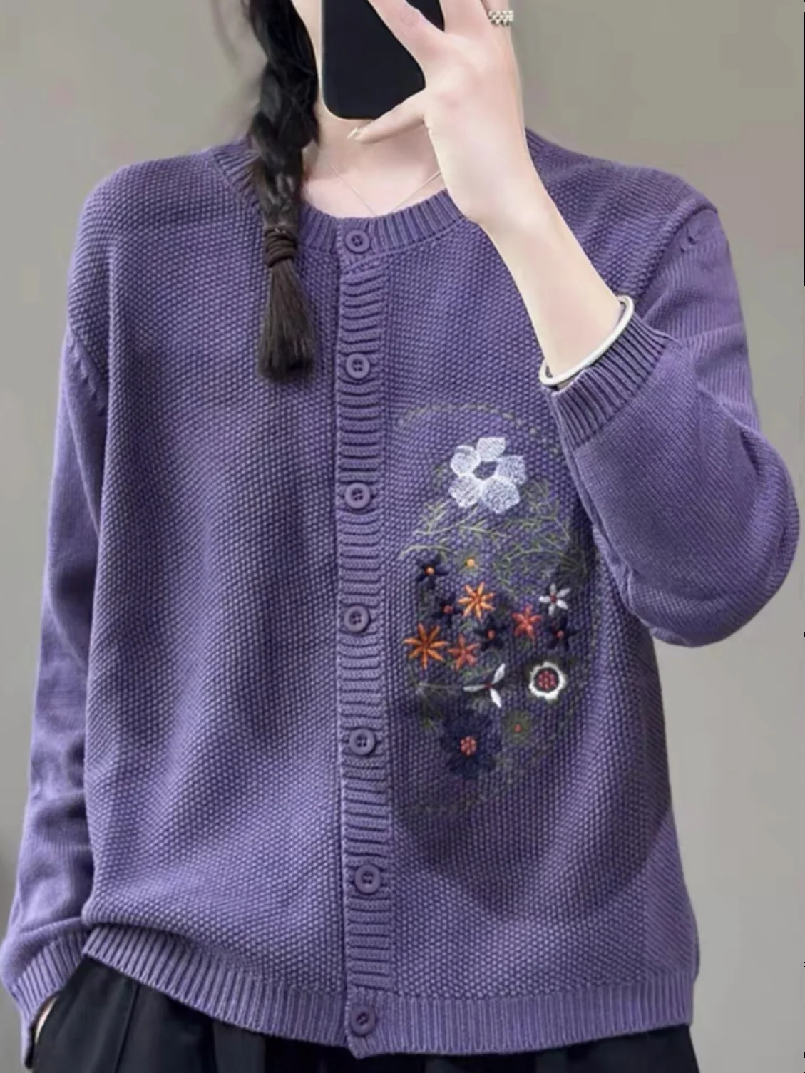 Cárdigan de punto redondo Ne holgado para mujer, ropa de abrigo de mezcla de lana con efecto adelgazante bordado, para principios de otoño