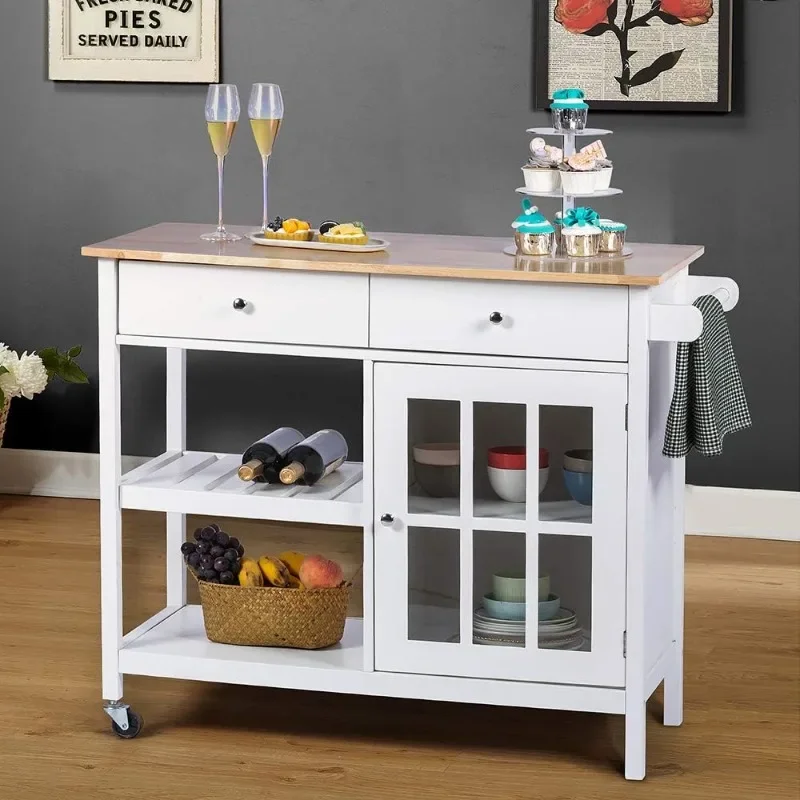 ChooChoo Rolling Kitchen Island, Portable Kitchen Cart Wood Top Kitchen Trolley with Drawers and Glass Door Cabinet, White