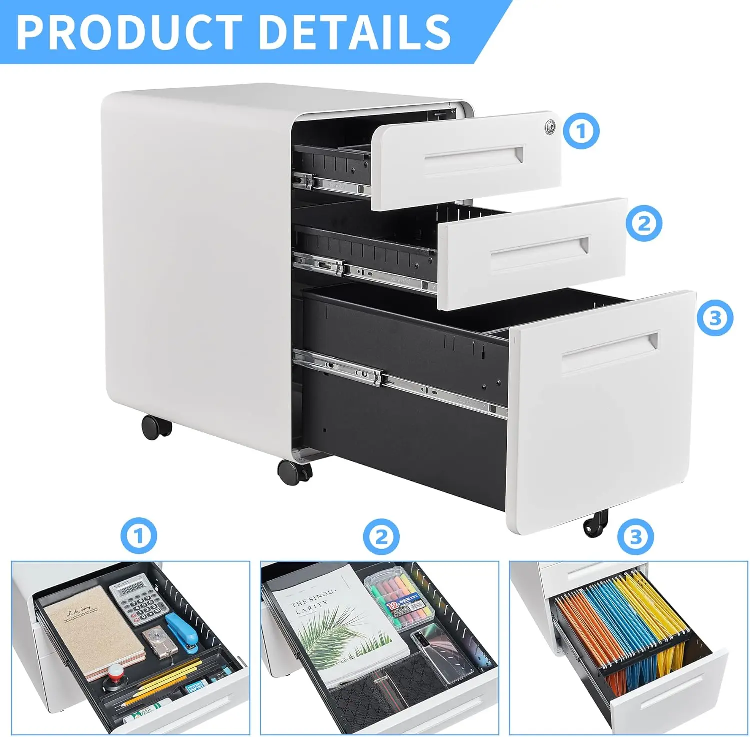 White 3-Drawer Lockable Mobile File Cabinet for Home Office Desk Storage