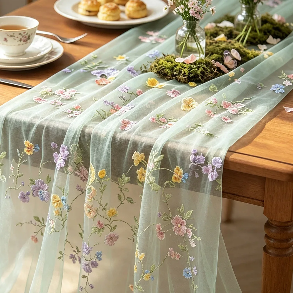 Ins Style Spring Summer Floral Embroidered Mesh Women Dress, Fresh Floral Tulle Table Runner for Wedding & Party Scene Decor