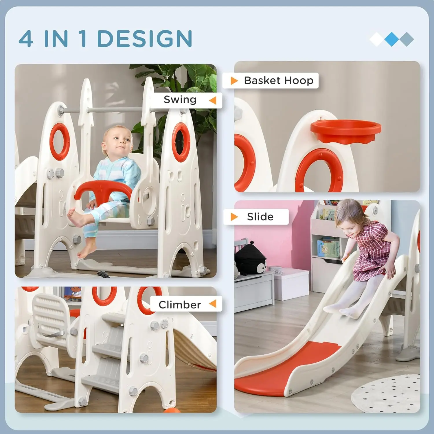Conjunto de balanço para crianças pequenas, playground infantil 4 em 1 para crianças de 1 a 3 anos, conjunto infantil interno com escorregador, balanço, cesta de basquete, Cli