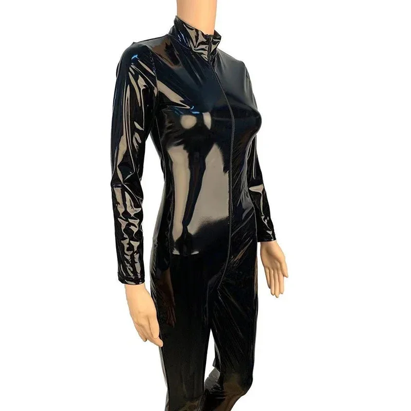 Shiny Patent Leather Jumpsuits Women Zipper Open Crotch Bodysuits Long Sleeve Nightclub Dance Overalls Bodycon Exotic Custom