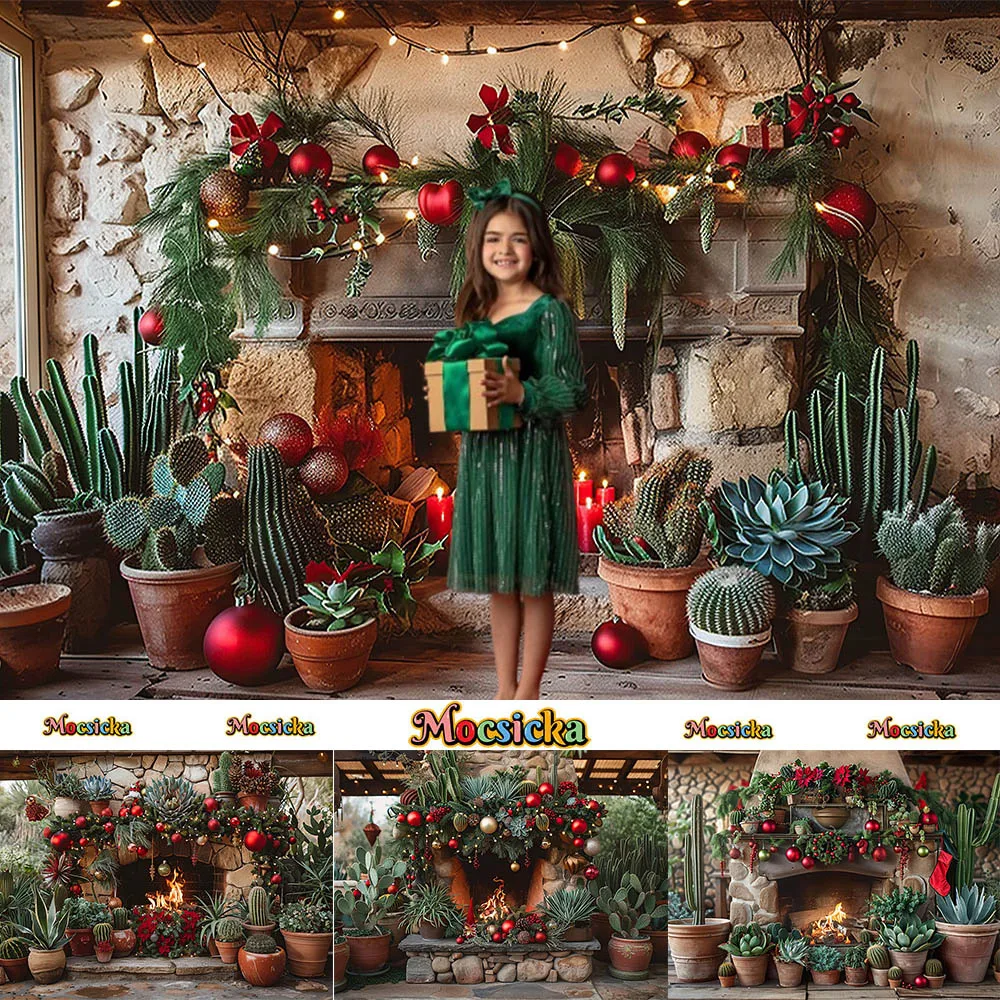 

Mocsicka Photography Background Xmas Fireplace Cactus Green Vegetation Decora Adults Kids Portrait Photo Backdrop Studio Props