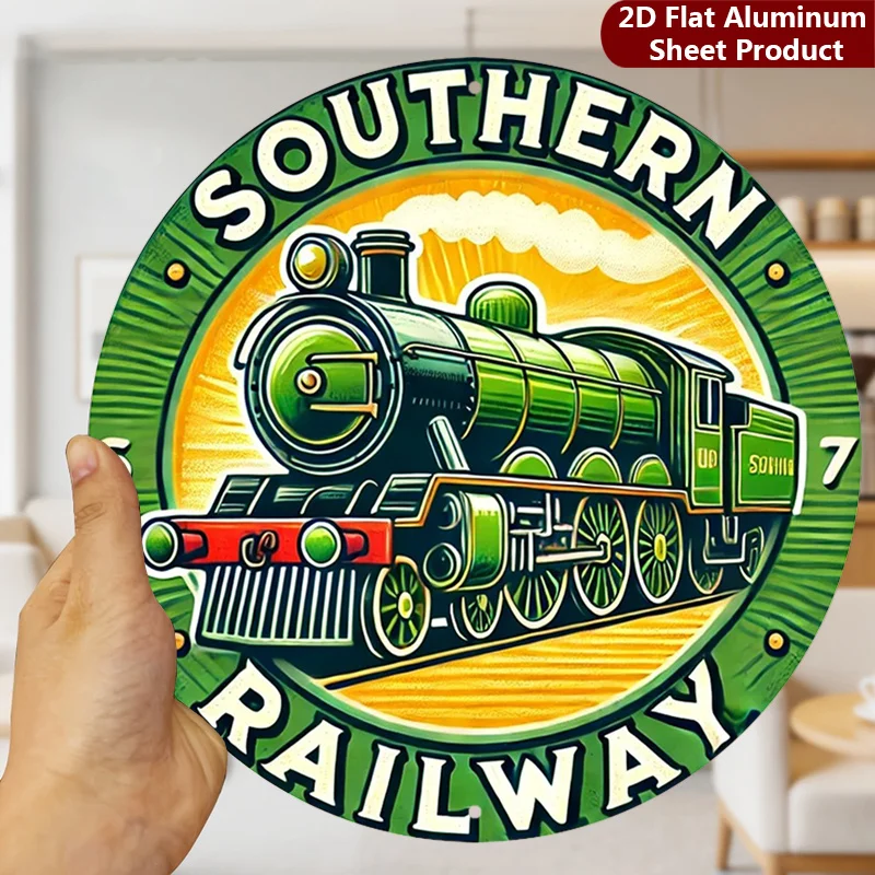 2D Flat, 1pc,Southern Railway Sign - 20.32X20.32 cm,Vintage Train Metal Wall Decor,Green Locomotive Decorative Sign Suitable for