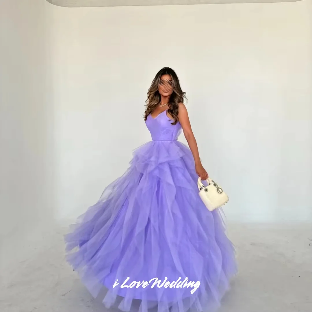 

Purple V-Neck Evening Dresses 2025 Sleeveless Spaghetti Strap A-Line Multi-Layered Floor-Length Pleated Party Dresses Customized