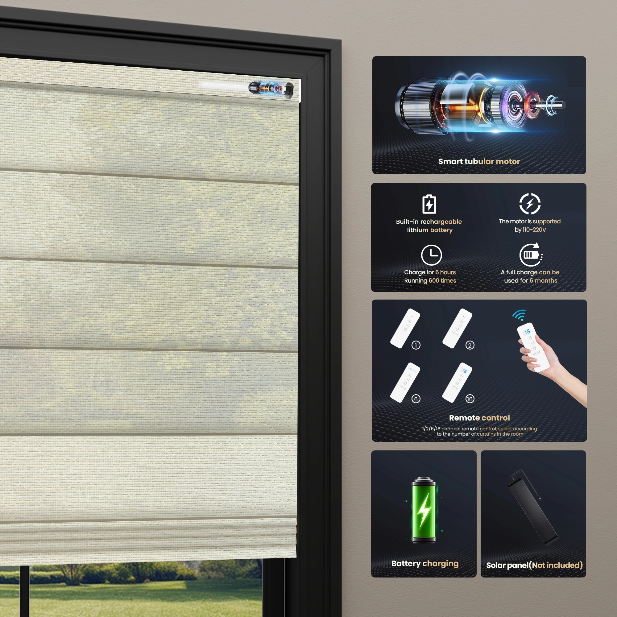 Electric Drive Remote Control Wireless Shade Window Blinds Day and Nigh Modern Blackout Motorized Roman Blinds for Windows