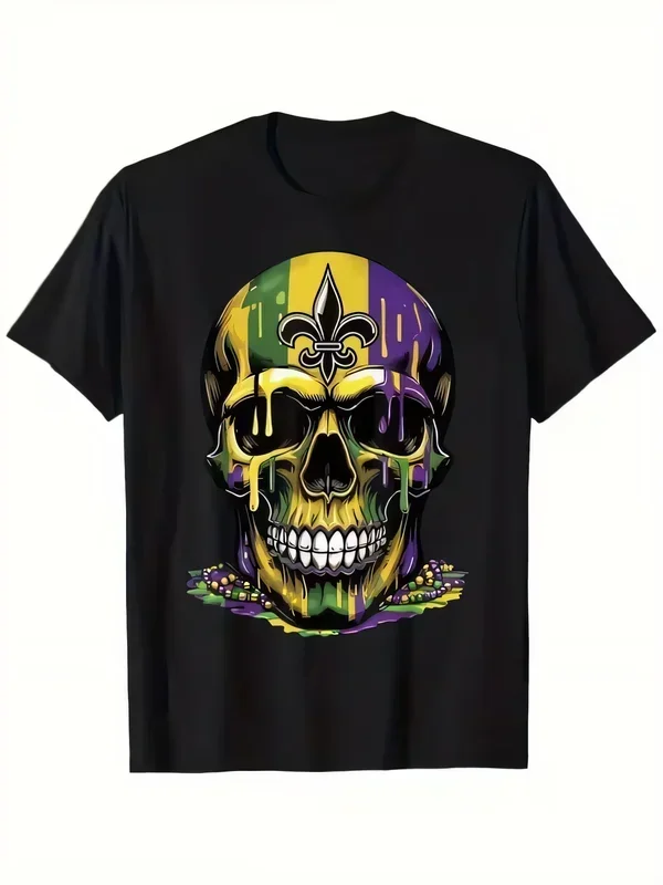 New Orleans Mardi Gras Skull T-shirt Vibrant Gold Green Purple Fleur-de-lis Dripping Paint Graphic Festival Party Street Tee