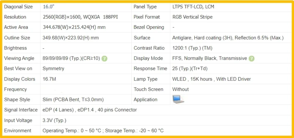 MNG007DA1-P 16 inch Laptop Display LCD Screen No-touch Slim IPS Panel QHD 2560x1600 EDP 40pins