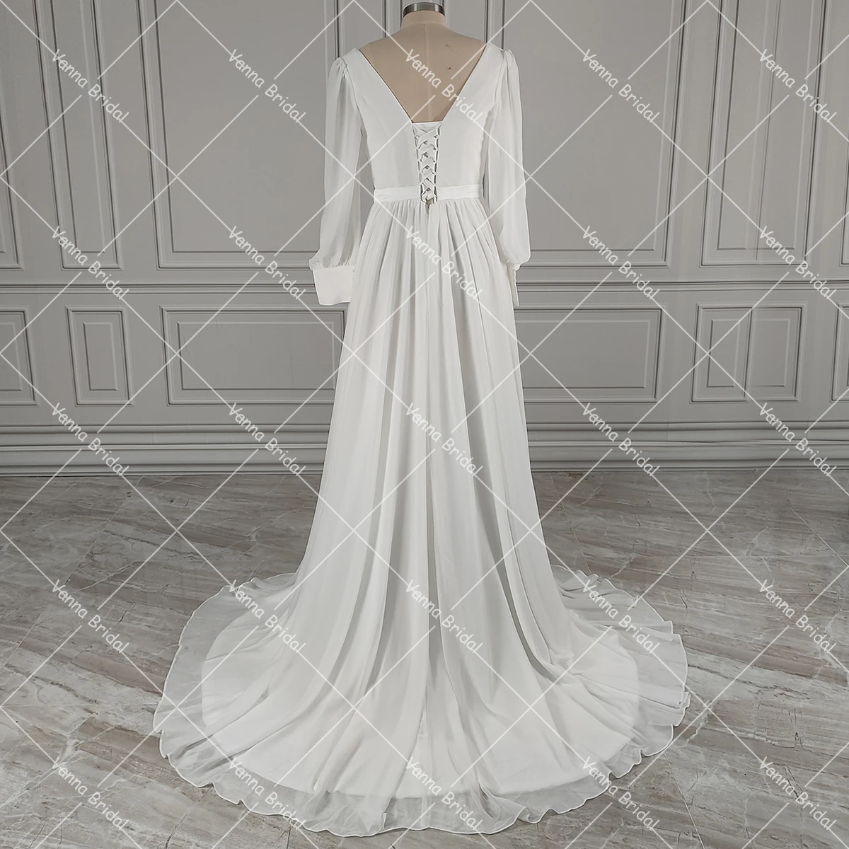 Robe de mariée en mousseline de soie à encolure dégagée, ligne A, manches longues, jupe doublée fluide, fermeture à glissière corset, patients minimalistes simples, quoi que ce soit