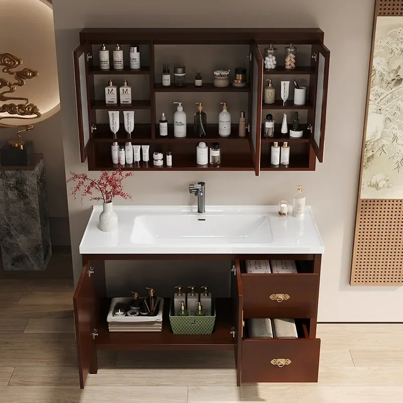 New Chinese oak floor-to-ceiling bathroom cabinet combination intelligent solid wood washing table integrated ceramic basin