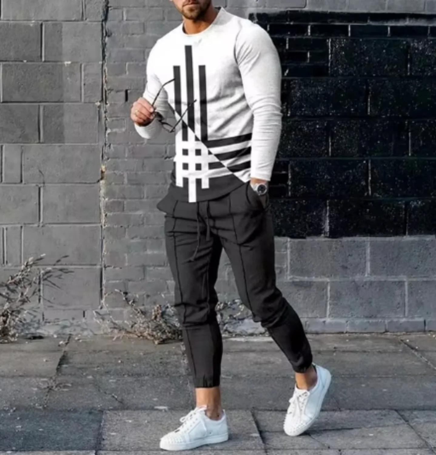 Hot Trend New Autumn Fashion Long T-shirt and Pants Two-piece Designed 3D Printed Men's Casual and Versatile Fashion Suit