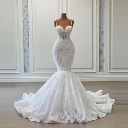 Real Image Beading Pearls Mermaid Wedding Dresses Pretty Spaghetti Strap Appliques Lace Long Bridal Dress Zipper Back Wedding Go