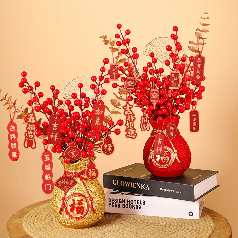 2024 Chinese New Year Decoration Red Fortune Fruit Artificial Golden Eucalyptus Leaf Lucky Flower Money Bag with Red Fruit ​vase