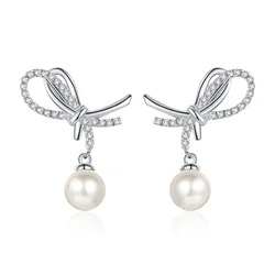 S925 Sterling Silver Moissanite 8mm Pearl Earrings with Bow and Sweet Temperament for Women