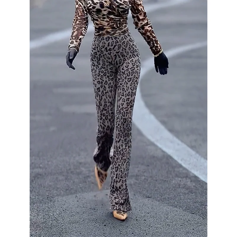 

Американские модные брюки-клеш с леопардовым принтом для женщин, с высокой талией, облегающие, эластичные, длинные, повседневные, из полиэфирного волокна