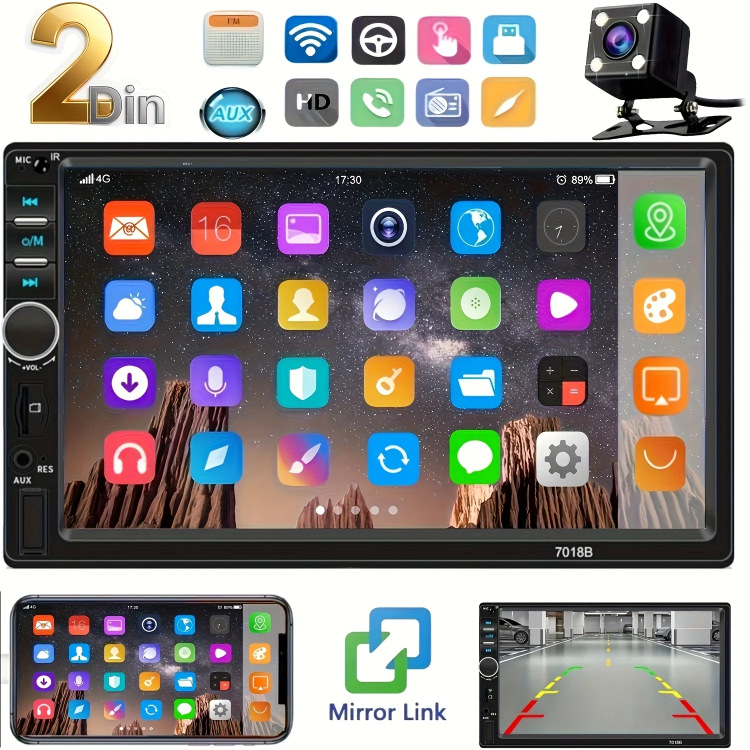 Double Din Car Stereo Featuring a 7-Inch HD Touchscreen Digital Display, MP5 Player, Wireless Multimedia Capabilities