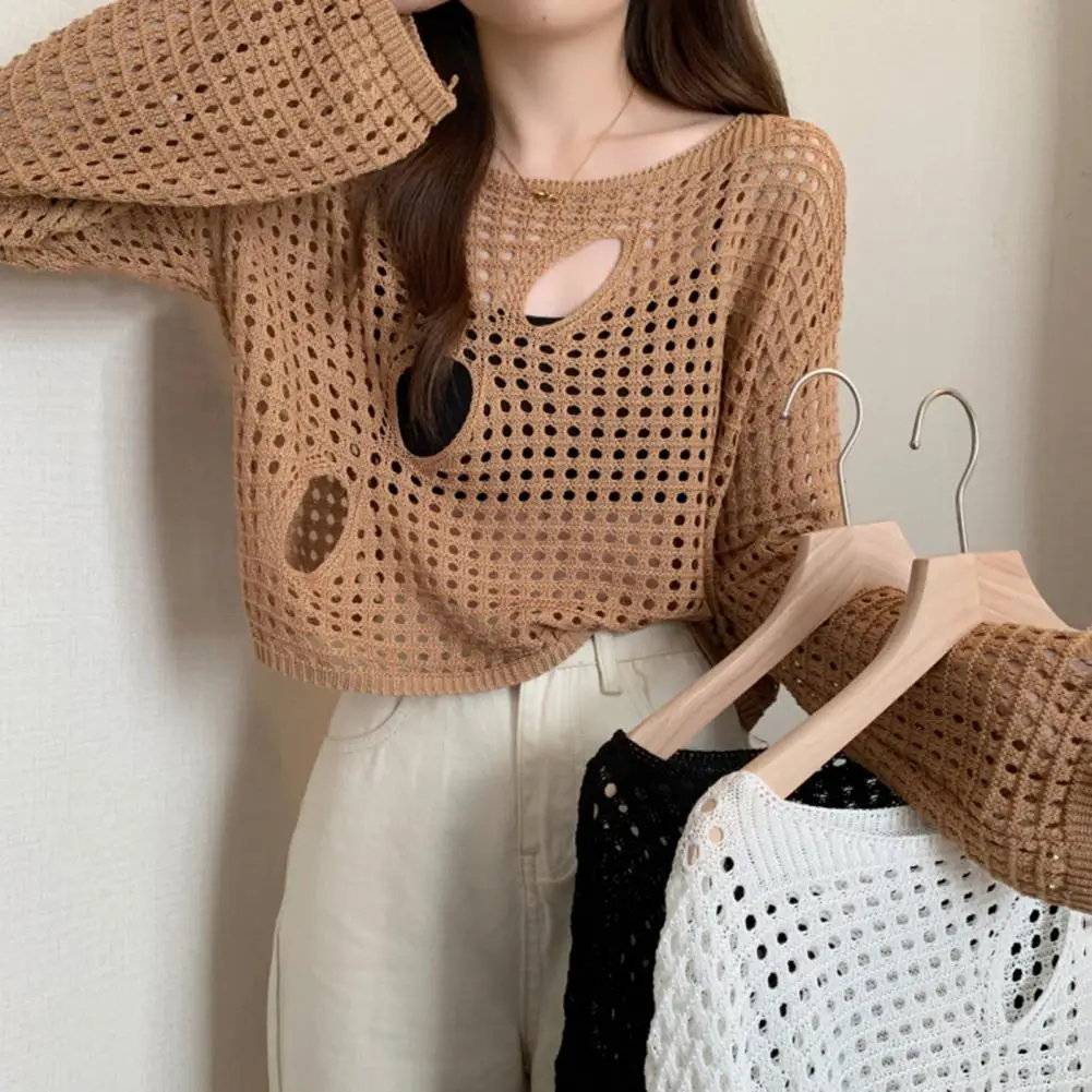 

Casual Women Tops Stylish Women's Round Neck Long Sleeve Hollow Design T-shirt for Daily Wear Casual Outfits Loose Fit Knit Top