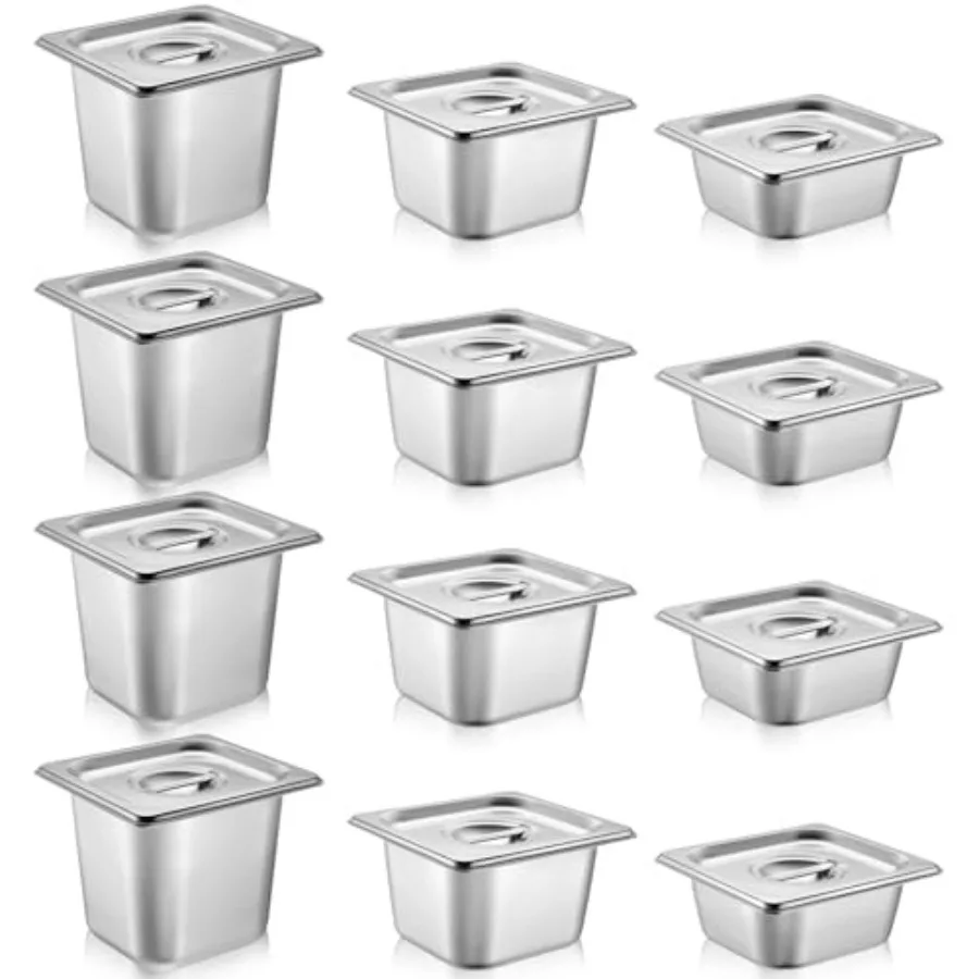 

12 упаковок кастрюль из нержавеющей стали для отелей с крышкой, 1 6 размеров, паровой стол, противозасоряющаяся пароварка, ресторанные кастрюли для шведского стола, сервировки Comme