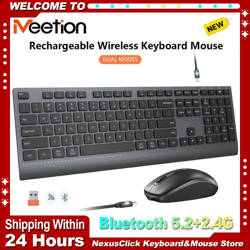 

Комбинированная Bluetooth-клавиатура и мышь 2,4G, двухрежимная полноразмерная перезаряжаемая беспроводная клавиатура и мышь, набор для Windows, ПК, геймера, офиса