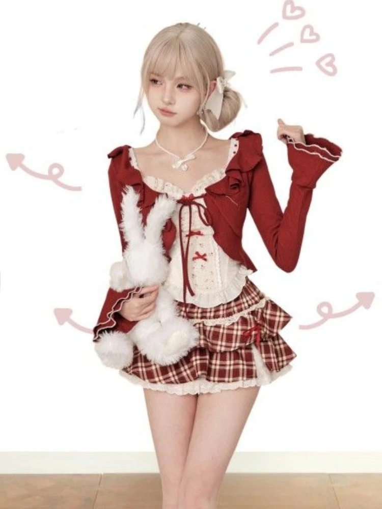 2024 New Red Plaid Skirt 3 Piece Set Outfits Lolita Japanese Style Sweet Suit Shot Cardigan + Slim Lace Vest + Y2k Mini Skirt