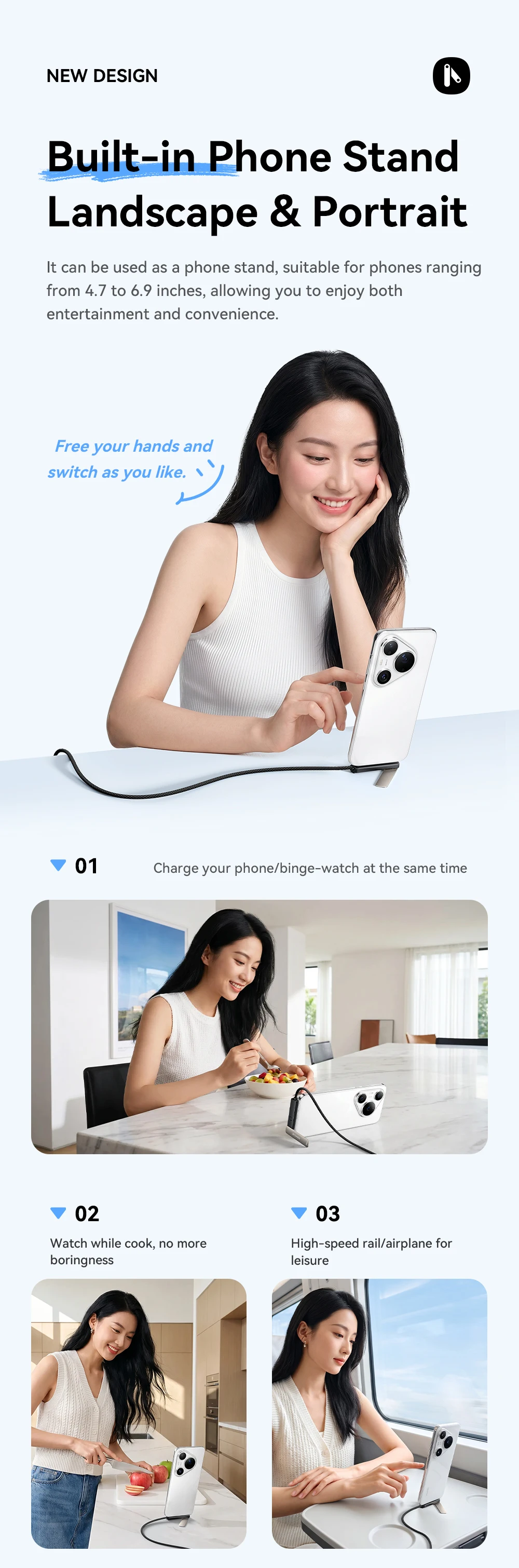Essager 2-in-1 240W USB-C-Kabel mit Telefonständer für iPhone 17 16 Pro Max iPad Typ-C-Kabel für Macbook Xiaomi Samsung S25 – Detail 3
