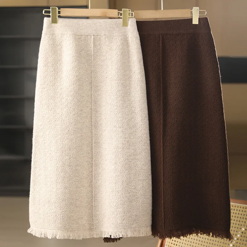 

Aliselect Women Wool Skirt Autumn Winter Chic Tassels Skirt High Waist Grace Style Office Lady 100% Merino Wool Knitwear Skirts