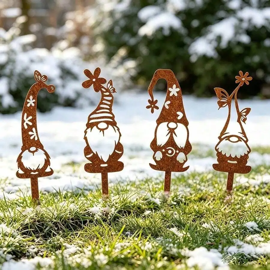 4pcs/set rusty metal Christmas gnome garden stake decorations, suitable for outdoor courtyard lawn porch entrance decoration