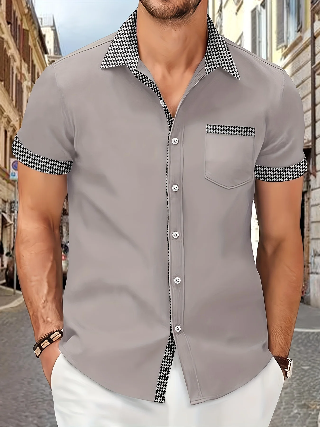 Men's summer fashion casual plaid contrast color short sleeve shirt, business casual button down shirt